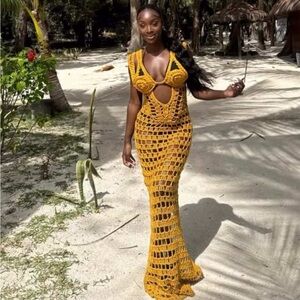 Crochet Maxi Swim Cover-Up Dress in Mustard - Women Swim